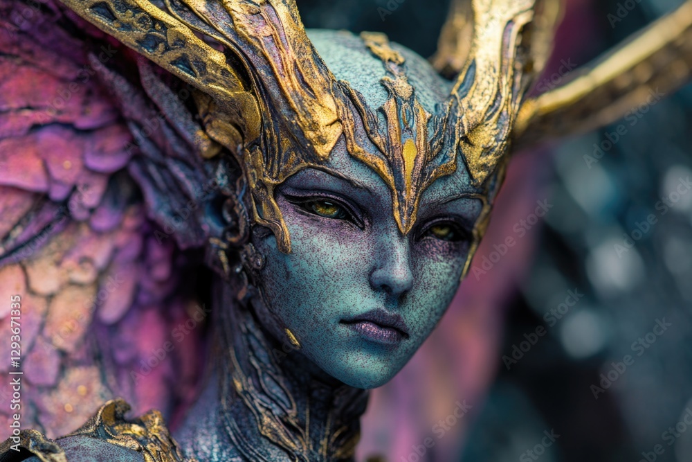 Poster close-up view of an angel's face from a statue, suitable for use in religious or inspirational conte