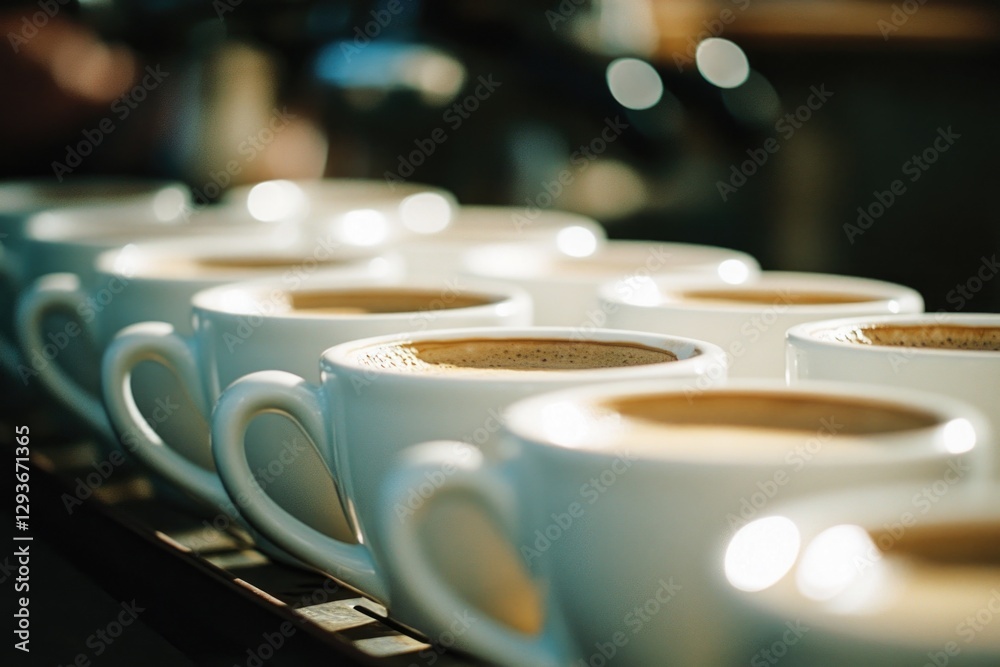 Poster a row of cups of coffee on a table