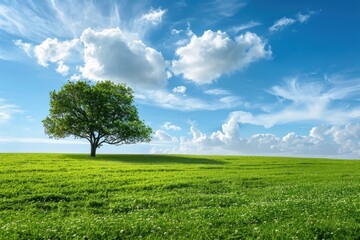Fototapeta premium Solitary Tree in a Verdant Field under a Bright Blue Sky