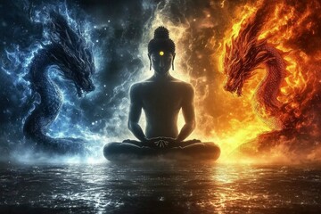Obraz premium Serene Buddha Meditating Between Ice and Fire Dragons A Symbol of Balance and Inner Peace