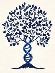 Tree of Life and DNA - A stylized illustration depicting a tree with a DNA double helix as its trunk, symbolizing life's genetic code. Blue on off-white background
