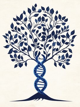 Tree of Life and DNA - A stylized illustration depicting a tree with a DNA double helix as its trunk, symbolizing life's genetic code. Blue on off-white background