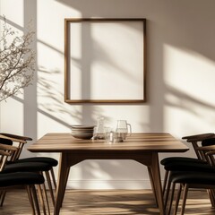 A wooden table with four chairs around it. A picture frame is on the wall above the table