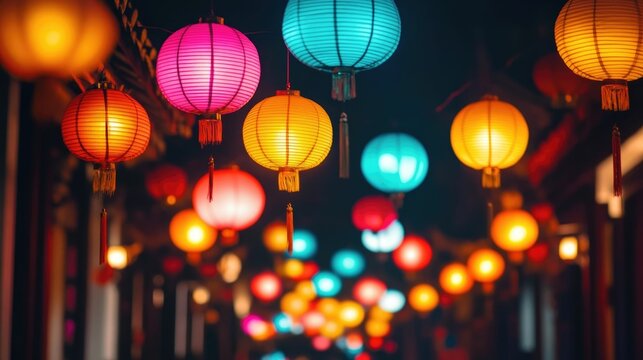 Dazzling display of colorful fireworks erupting and lighting up the dark night sky during a lively Chinese New Year Glowing lanterns and other festive create a vibrant and captivating atmosphere