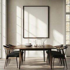 A white framed picture hangs on the wall. The picture is empty. The room has a wooden table with four chairs around it. There are two vases on the table, one on the left and one on the right