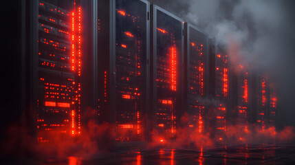 Server Room Overload: A dramatic scene of a server room engulfed in smoke, illuminated by a sinister red glow, hinting at a system failure or data breach.