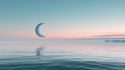 A large white moon is floating above the calm blue ocean