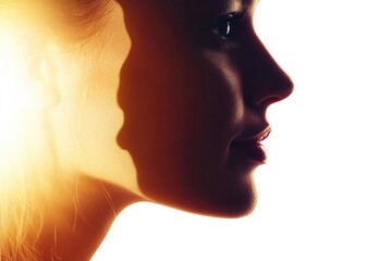 Portrait of a woman with the sun shining from behind, highlighting her facial features
