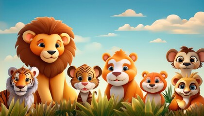 Naklejka premium Joyful Gathering of Cartoon Jungle Animals in Soft Colors Vibrant Lion, Tiger, and Monkey Amidst a Lush, Serene Landscape, Spreading Positivity and Playfulness.