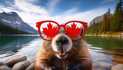 Joyful Canadian Beaver Wearing Maple Leaf Glasses Against a Mountainous Lake Backdrop on Canada Day An Exuberant Celebration of Canadian Pride and Wildlife