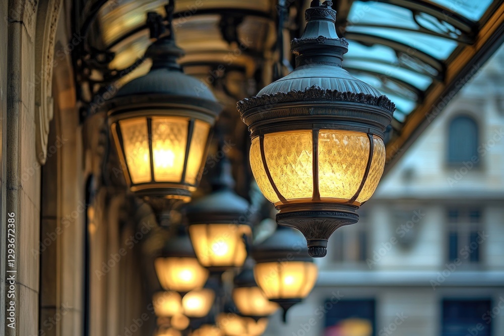 Aufkleber Exterior view of a building with multiple rows of lamps hanging from the side