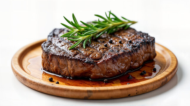 Grilled steak with rosemary on a wooden platter, seared to perfection with black peppercorns rosto biftek