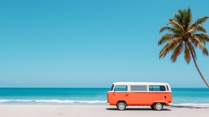Beach adventure with vintage van tropical shores travel photography sunny environment panoramic view coastal vibes