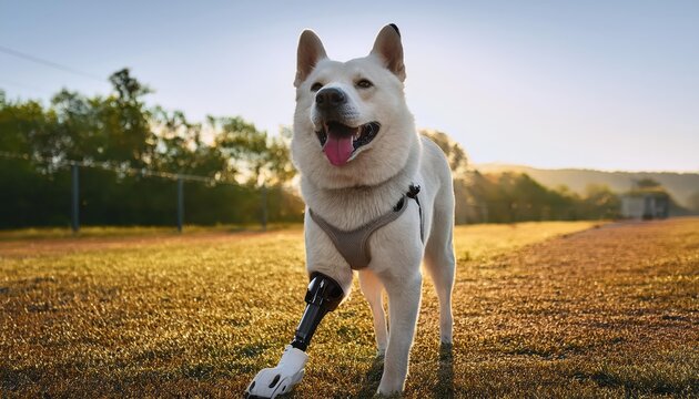 A Heartwarming Portrait of Resilience A Playful Canine on an Outdoor Adventure with a Prosthetic Leg, Embracing Lifes Challenges and Inspiring Joy