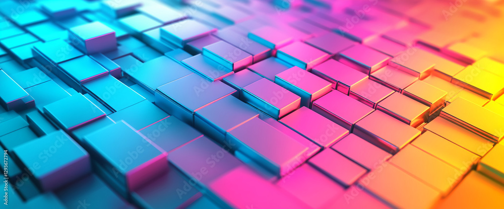 Poster close-up of a colorful abstract pattern made of shiny metallic cubes in vibrant pink, blue, and purp