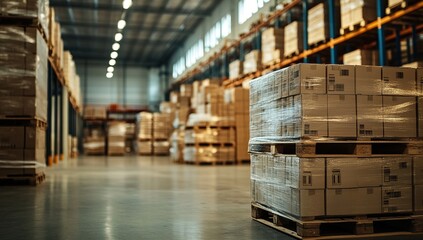 Large Cardboard Boxes Stacked on Pallets in a Modern Warehouse