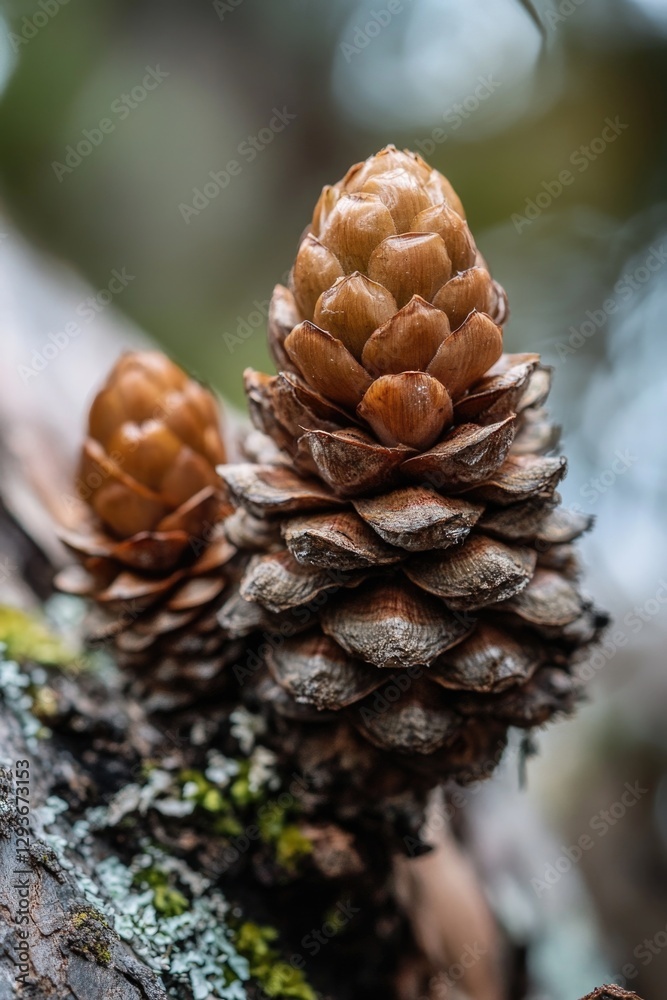 Poster a close-up shot of a pine cone attached to a tree branch, perfect for nature and outdoor-themed proj