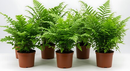 Obraz premium Lush Green Ferns in Dark Green Pots, Varied Growth Patterns, Studio Lighting 