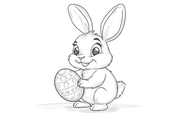 Obraz premium Cute bunny holding Easter egg; spring background; kids' coloring book illustration