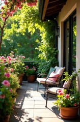 Fototapeta premium Blooming balcony offering relaxing summer vibes in a lush garden