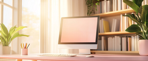 A modern home office setup with a desktop computer, colorful pencils, and indoor plants on a light pink desk, symbolizing creativity, productivity, and a comfortable workspace.