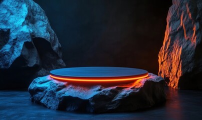 Illuminated circular platform on rocky terrain with dramatic lighting effects