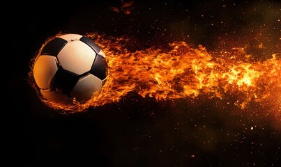 Fototapeta premium Soccer ball in motion surrounded by flames creating dynamic energy effect