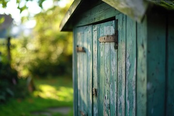 A rustic outhouse with a green roof, suitable for rural or countryside scenes