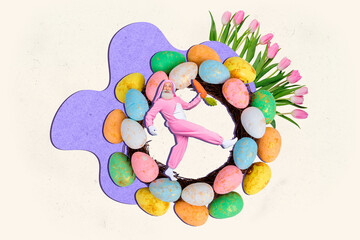 Composite photo collage of happy old pensioner wear bunny costume run carrot easter egg hunt game nest tulip isolated on painted background