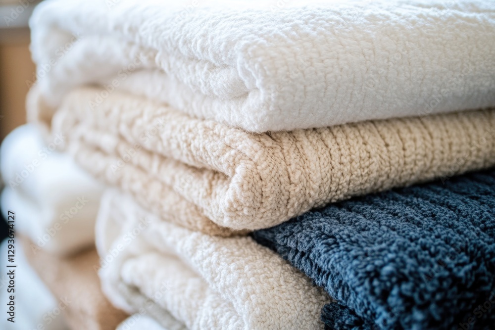 Aufkleber a stack of towels sitting on top of a wooden table, ideal for use in bathroom or spa settings