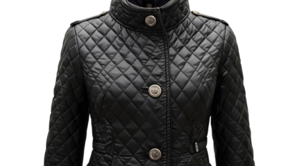 Stylish black quilted jacket with silver buttons for autumn and winter wear