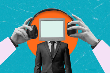 Creative fusion of technology and humanity in abstract art featuring a suited figure with a monitor...