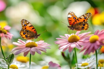 Obraz premium A close-up shot of two butterflies perched on colorful flowers, perfect for use in nature-inspired designs or as a symbol of beauty and freedom