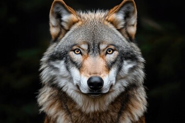 Fototapeta premium A close-up view of a wolf gazing straight into the camera lens
