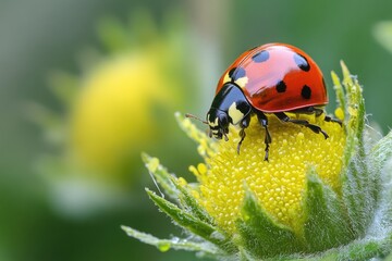 Fototapeta premium A ladybug sits on the petals of a bright yellow flower, enjoying the warm sunlight