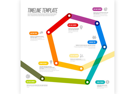 Colorful Hexagonal Timeline Template made from thick line with vibrant segments milestones and annotations