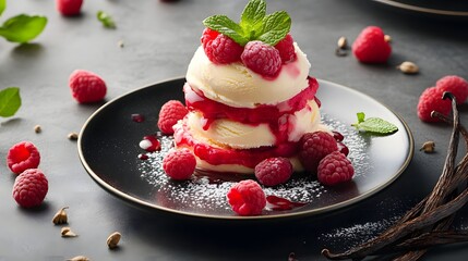 Delicious ice cream stack topped with raspberries and mint leaves