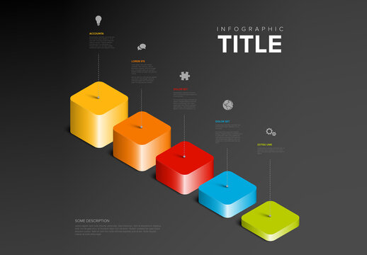 3D Rainbow Color Infographic Steps with Icons and description on dark background