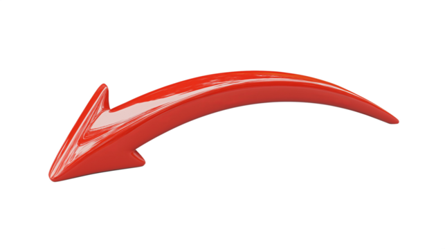 Red curved arrow pointing left isolated on transparent background - Powered by Adobe