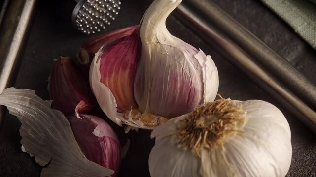Garlic bulb and crusher squeezer top down view stock footage