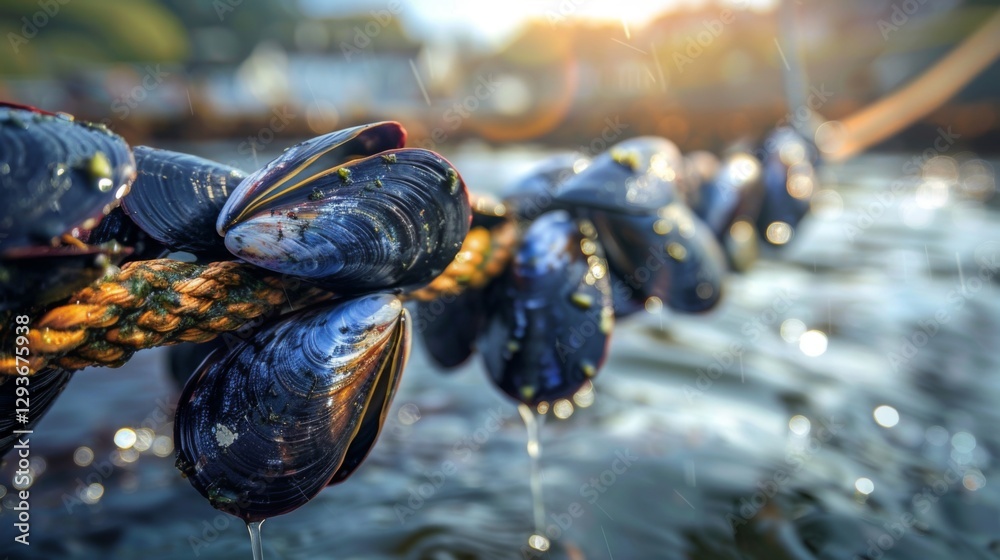 Poster fresh mussels cling to a rope in tranquil waters as sunlight filters through, creating a serene atmo