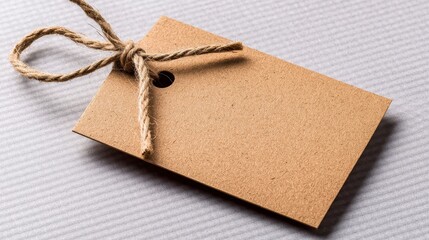 Blank eco-friendly kraft paper tag tied with twine on a wooden surface for labeling and gift wrapping purposes
