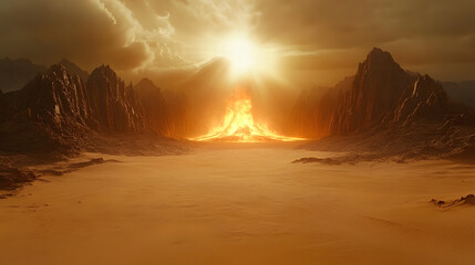 Volcanic Majesty: An awe-inspiring vista of a volcanic eruption, with molten lava and fiery skies.