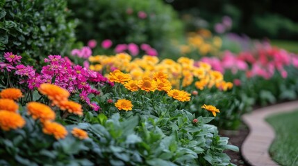 A beautiful outdoor garden filled with various colorful flowers