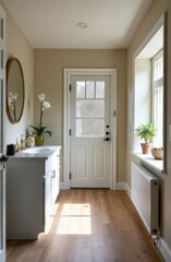 Sunlight illuminating hallway with sink, mirror, and door