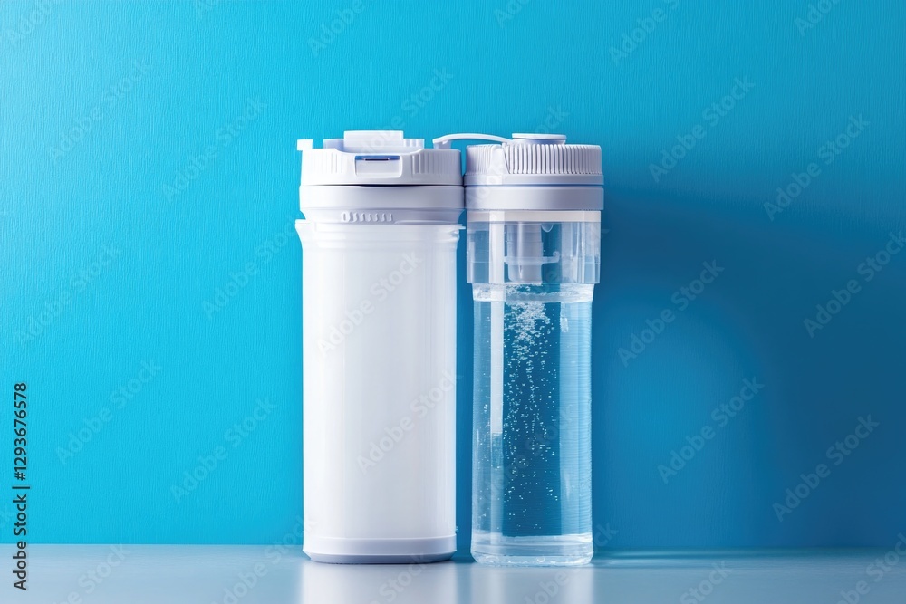 Poster two empty water bottles sit next to each other on a flat surface
