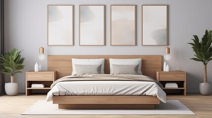 Fototapeta premium Chambre à coucher, plan sur un lit de couleurs claires et épurées, dans les tons blanc et beige. Drap, oreiller, couverture. Décorations, lumières douces. Pour conception et création graphique.