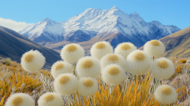 A serene landscape featuring numerous white flowers blooming in lush grass, with majestic mountains rising in the background.