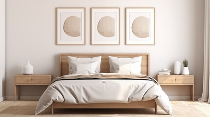 Chambre à coucher, plan sur un lit de couleurs claires et épurées, dans les tons blanc et beige. Drap, oreiller, couverture. Décorations, lumières douces. Pour conception et création graphique.