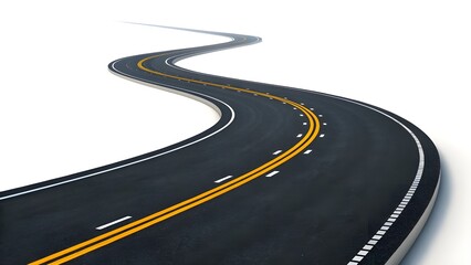 asphalt road in the middle of the road, A winding road stretches across the image, curving in a series of smooth, continuous turns. The road surface is a dark gray asphalt, with white dashed and solid
